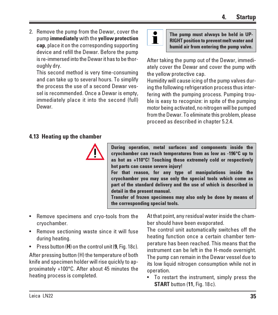 13 heating up the chamber, Heating up the chamber, Startup | Leica Biosystems LN22 User Manual | Page 35 / 44