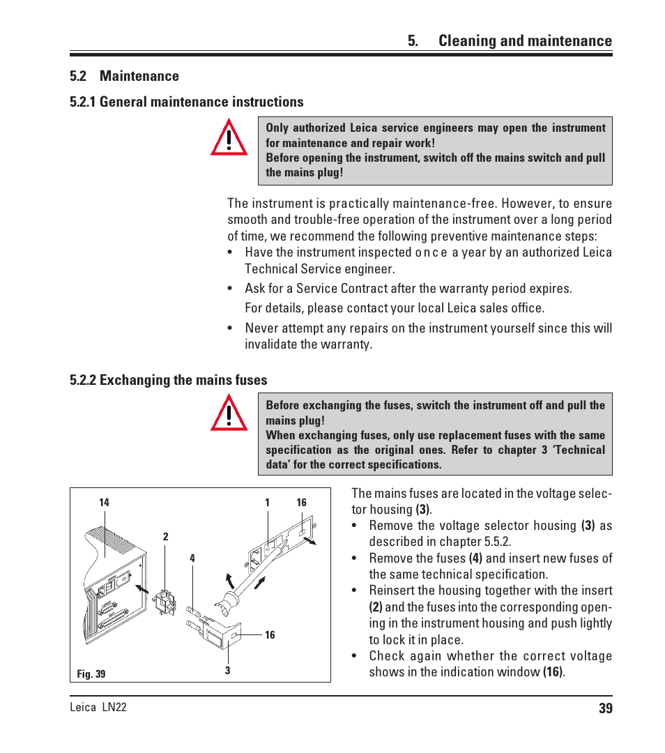 Cleaning and maintenance | Leica Biosystems LN22 User Manual | Page 39 / 44