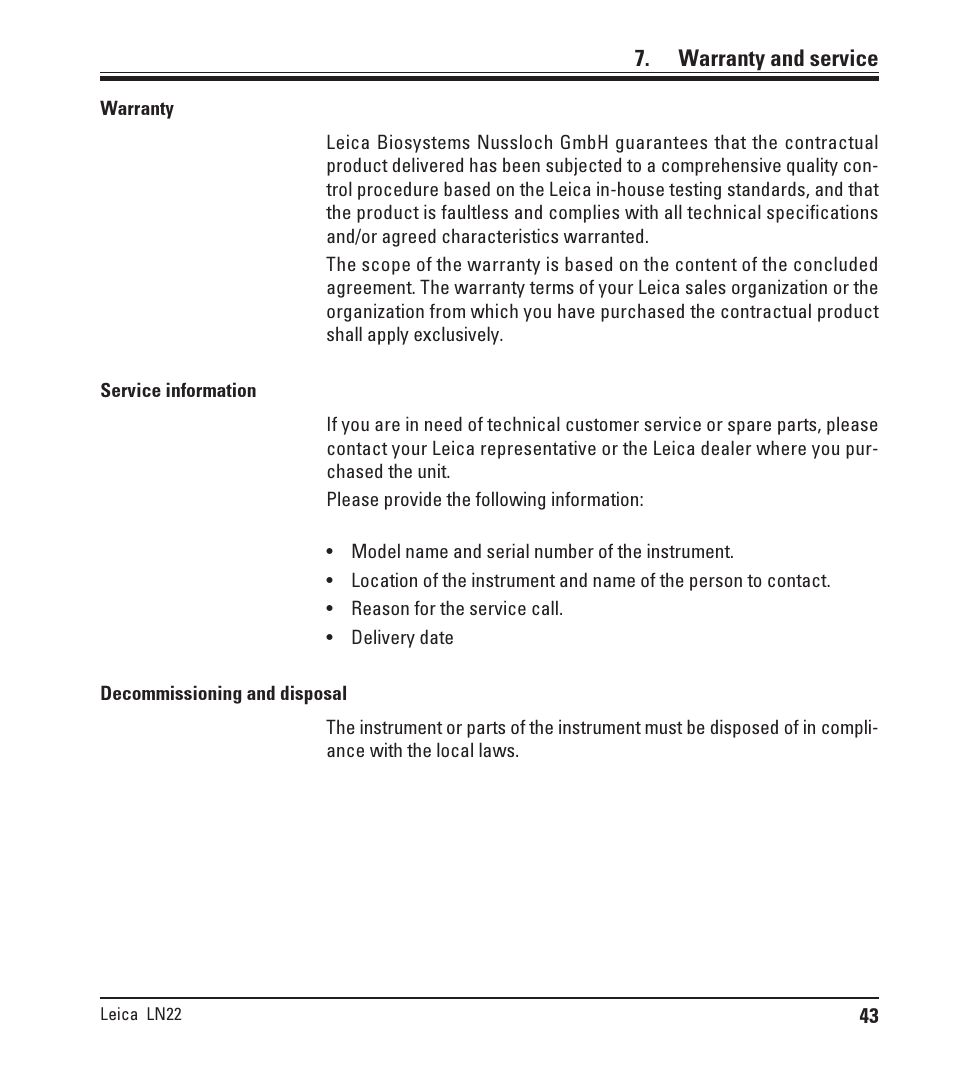 Warranty and service | Leica Biosystems LN22 User Manual | Page 43 / 44