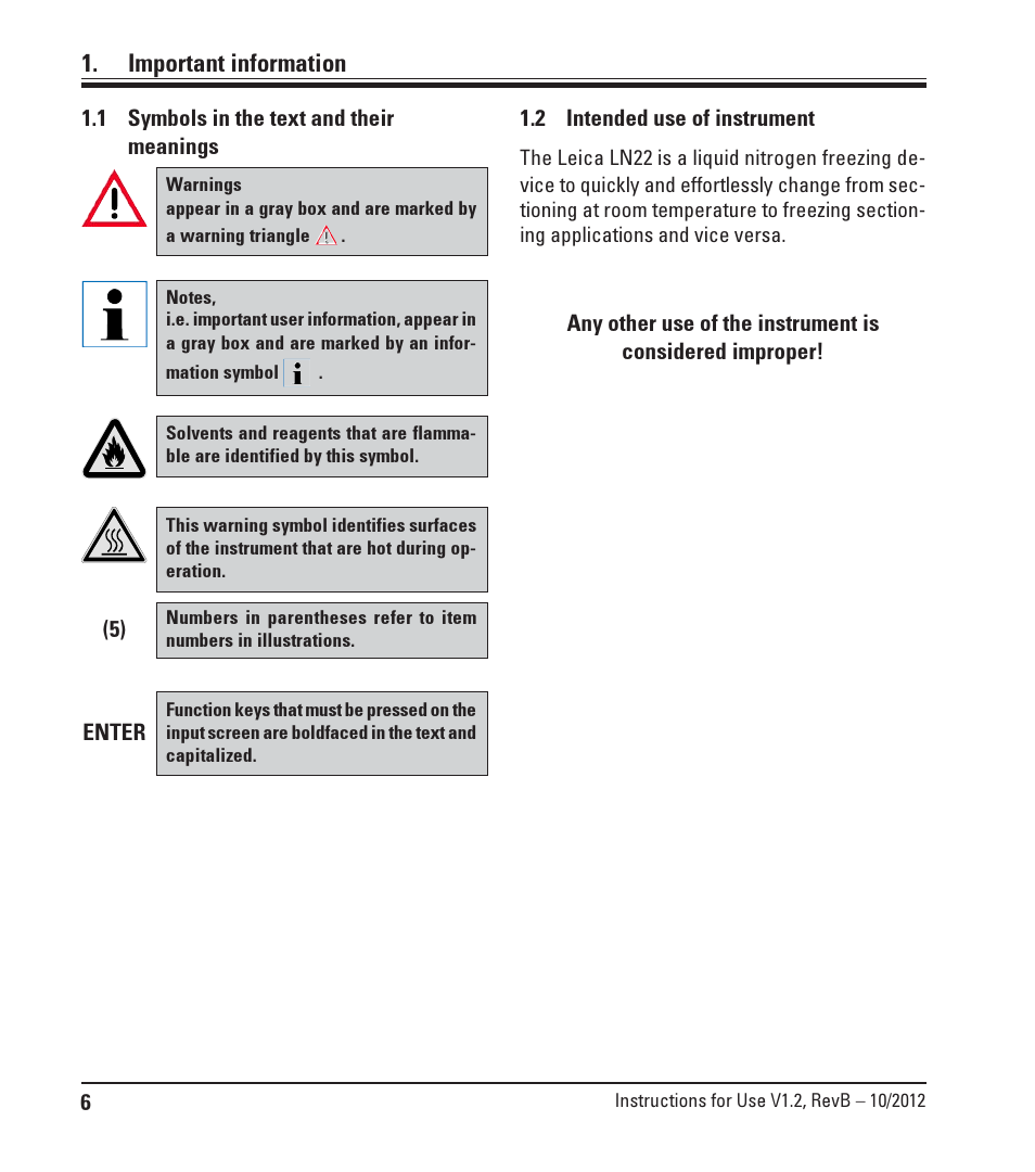 Important information, 1 symbols in the text and their meanings, 2 intended use of instrument | Symbols in the text and their meanings, Intended use of instrument | Leica Biosystems LN22 User Manual | Page 6 / 44
