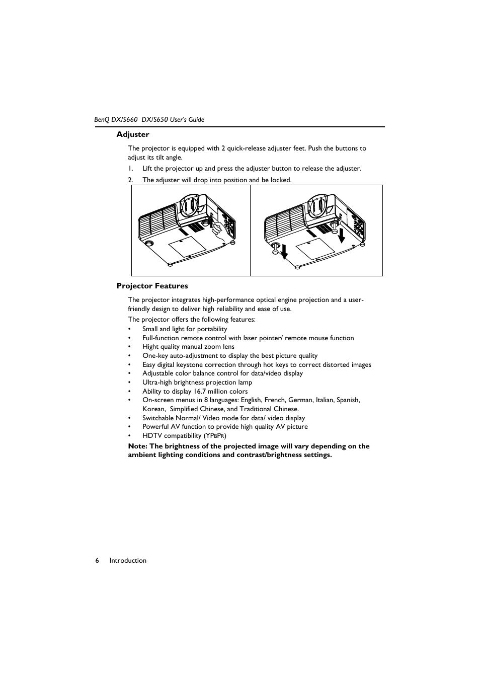 The adjuster will drop into position and be locked, Adjuster projector features | BenQ DX/S650 User Manual | Page 11 / 33