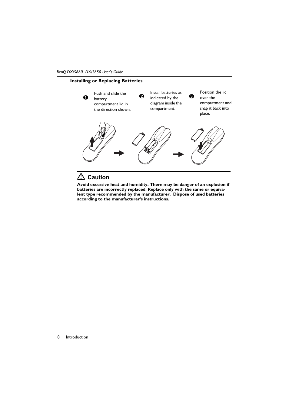 Installing or replacing batteries, Caution | BenQ DX/S650 User Manual | Page 13 / 33