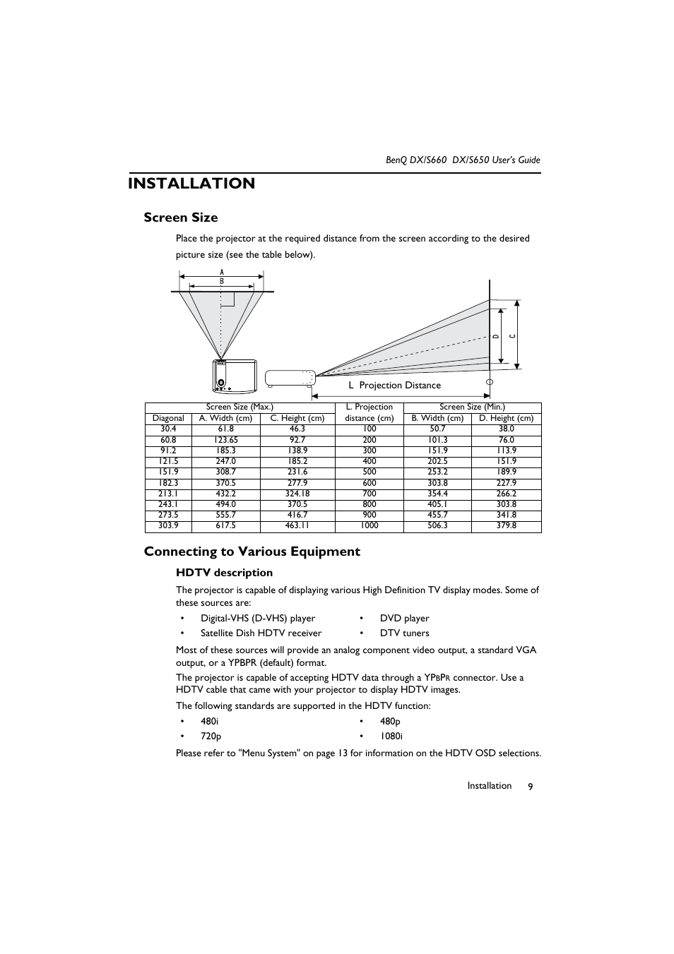 Installation, Hdtv description, Screen size connecting to various equipment | Screen size, Connecting to various equipment | BenQ DX/S650 User Manual | Page 14 / 33