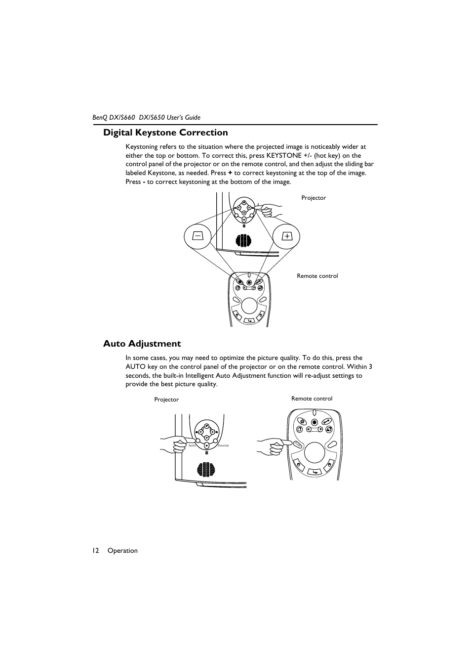 Digital keystone correction auto adjustment, Digital keystone correction, Auto adjustment | BenQ DX/S650 User Manual | Page 17 / 33