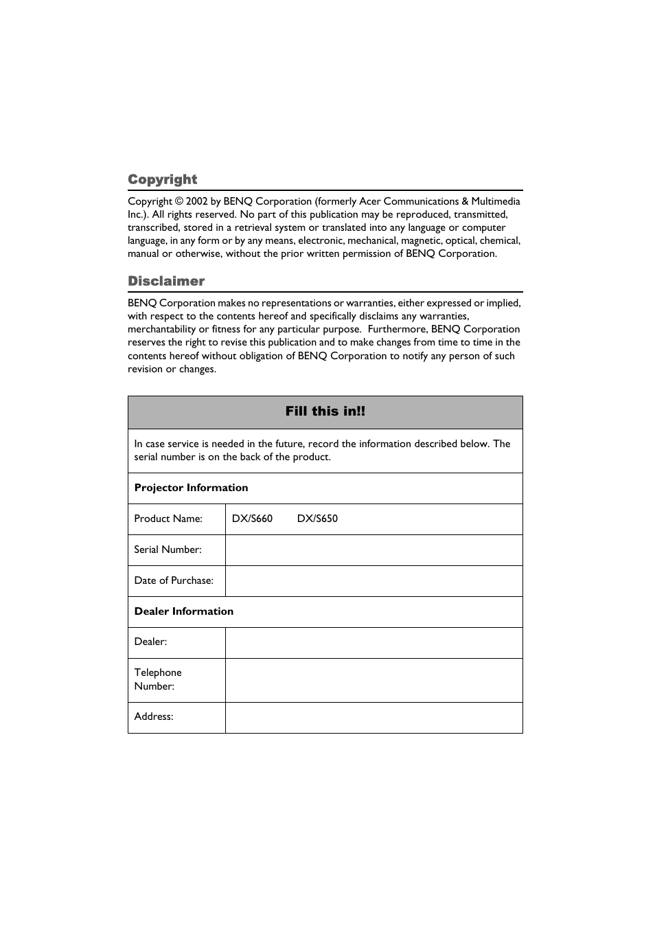 Copyright, Disclaimer, Fill this in | BenQ DX/S650 User Manual | Page 2 / 33