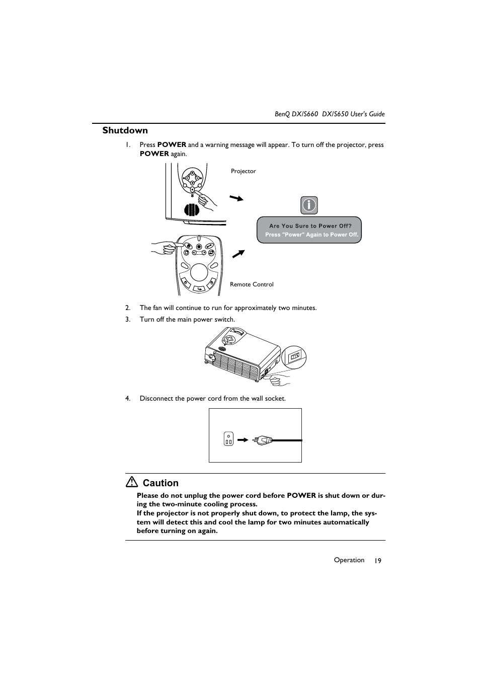 Turn off the main power switch, Disconnect the power cord from the wall socket, Shutdown | Caution | BenQ DX/S650 User Manual | Page 24 / 33