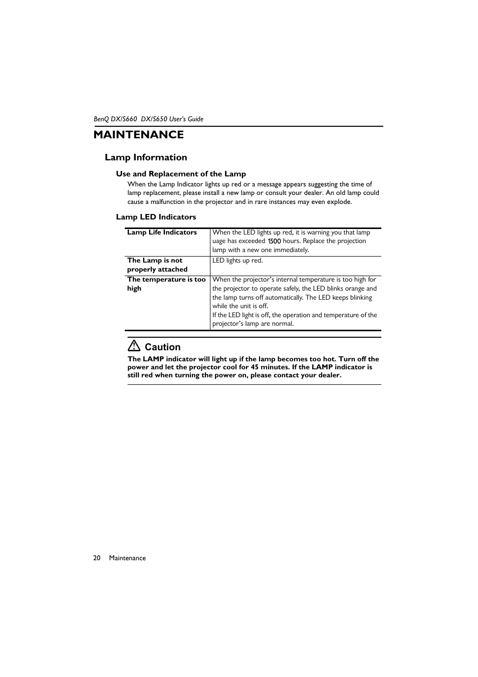 Maintenance, Lamp information, Caution | BenQ DX/S650 User Manual | Page 25 / 33
