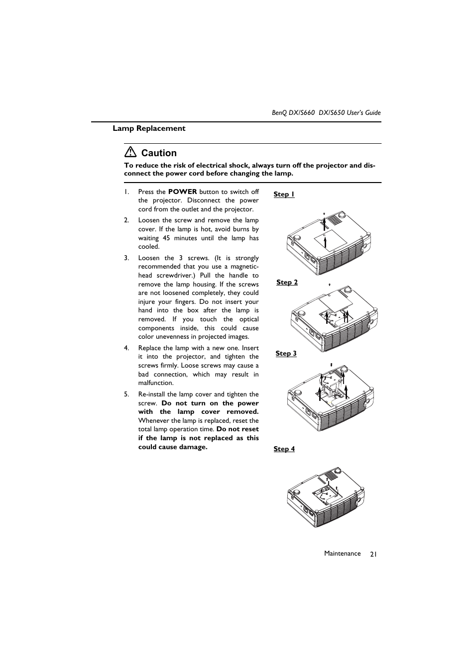 Lamp replacement, Caution | BenQ DX/S650 User Manual | Page 26 / 33