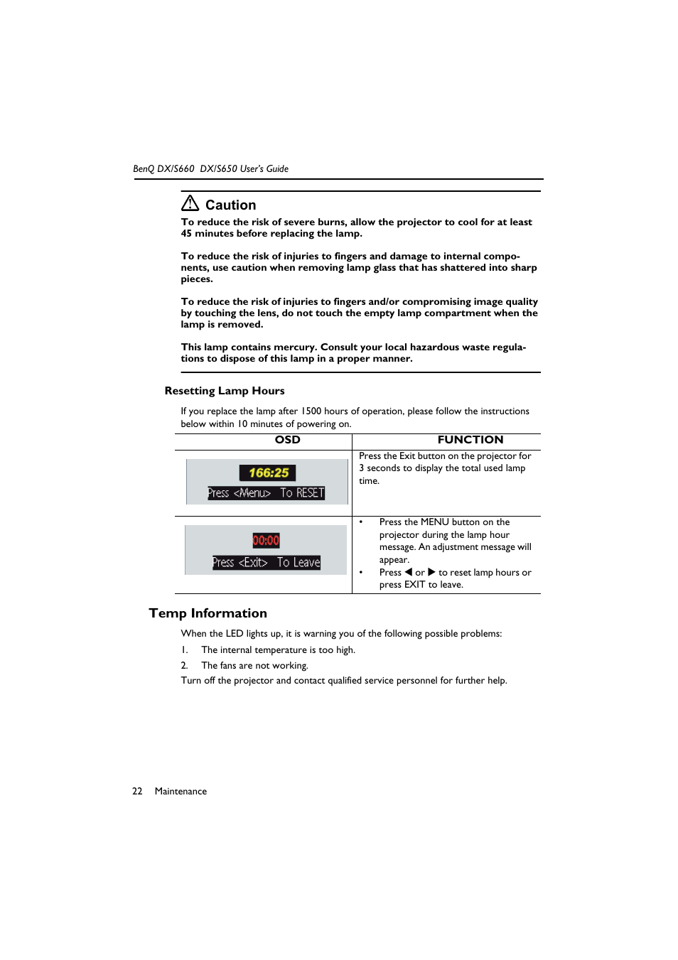 Function, The internal temperature is too high, The fans are not working | Resetting lamp hours, Temp information, Caution | BenQ DX/S650 User Manual | Page 27 / 33