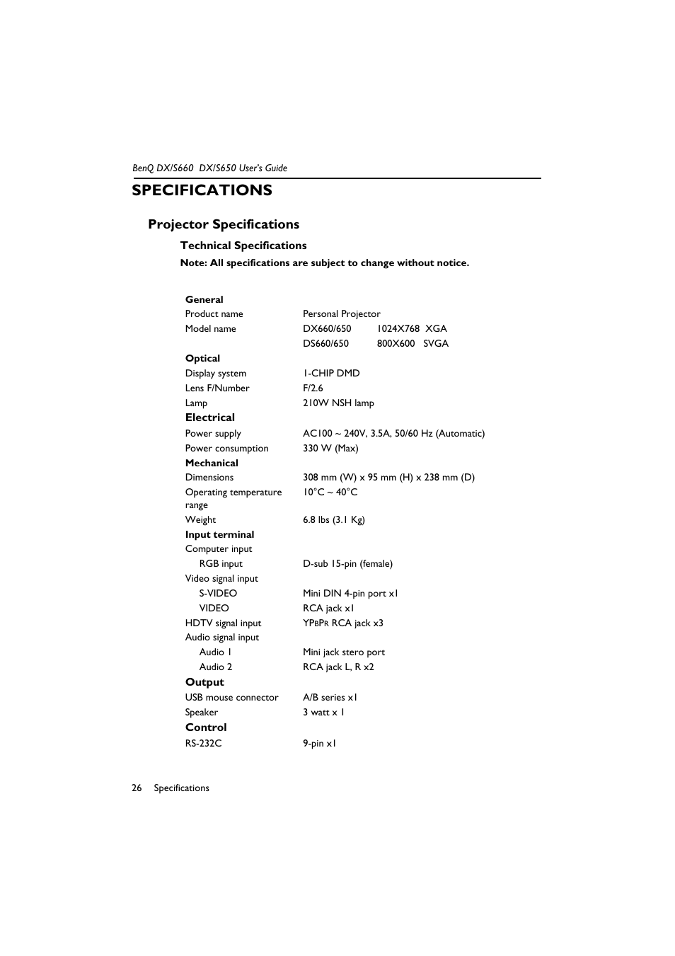 Specifications, Technical specifications, Projector specifications | BenQ DX/S650 User Manual | Page 31 / 33