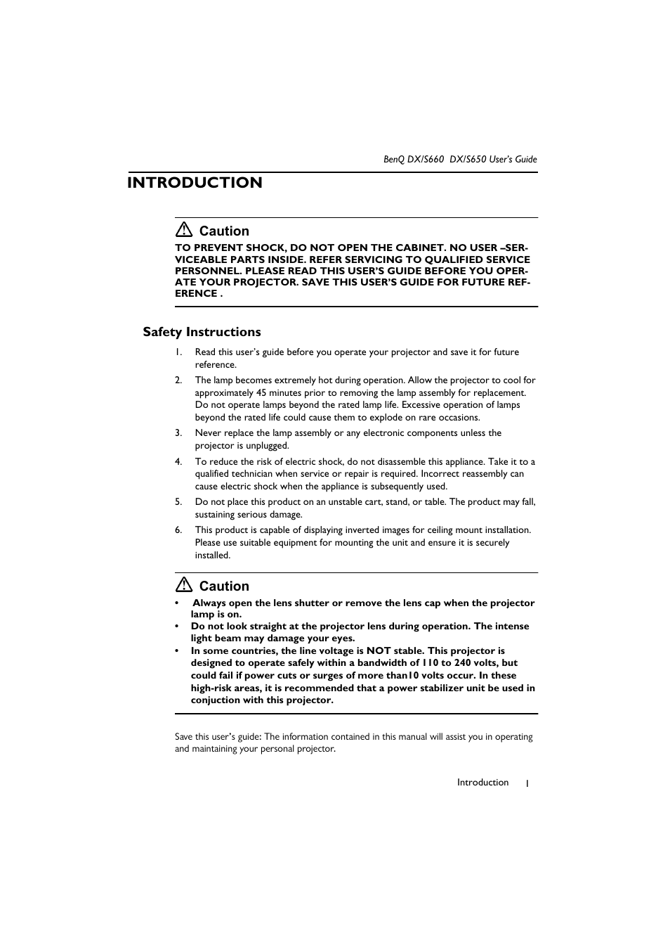 Introduction, Safety instructions, Caution | BenQ DX/S650 User Manual | Page 6 / 33