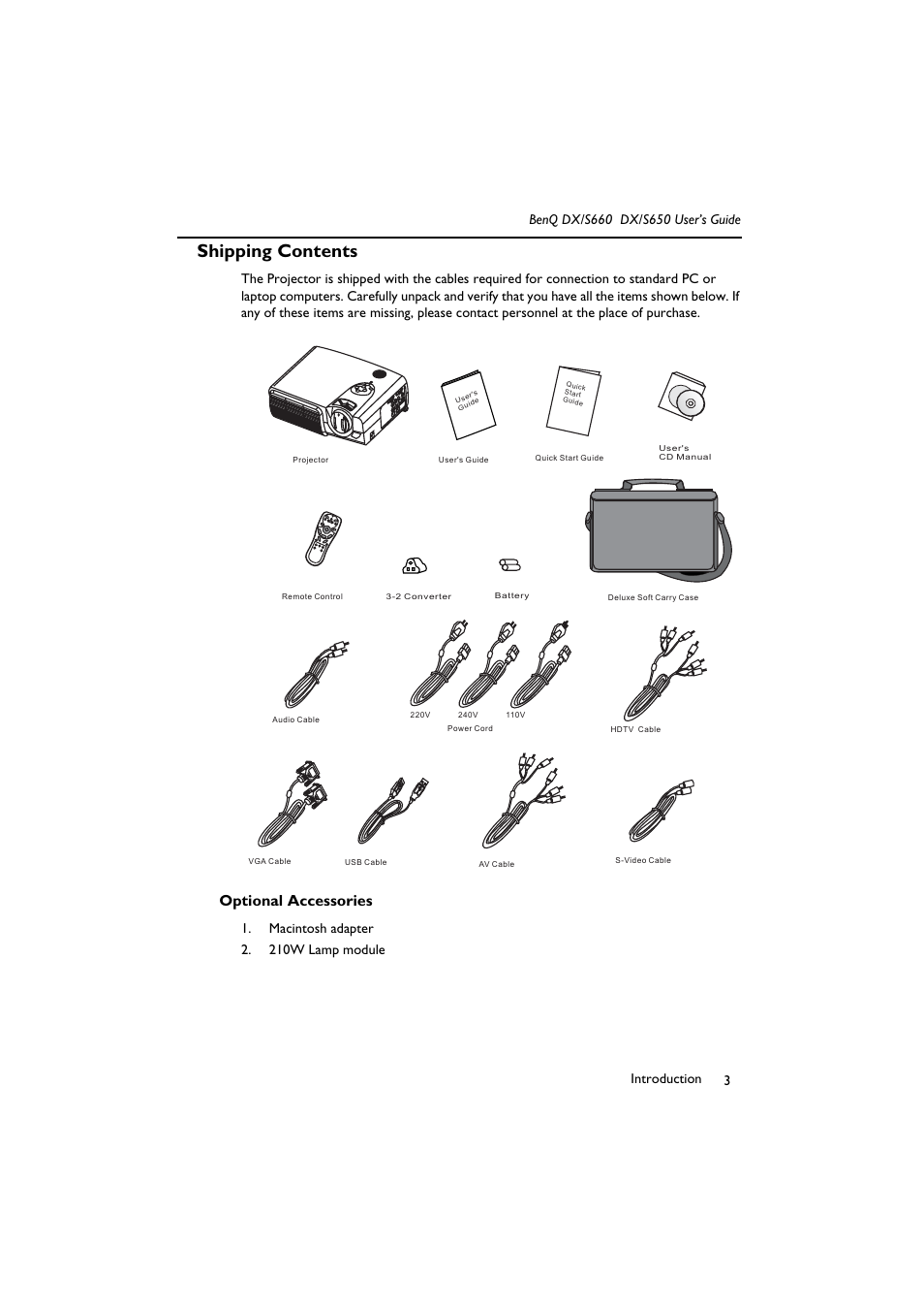 Macintosh adapter, 210w lamp module, Shipping contents | Optional accessories, Macintosh adapter 2. 210w lamp module | BenQ DX/S650 User Manual | Page 8 / 33