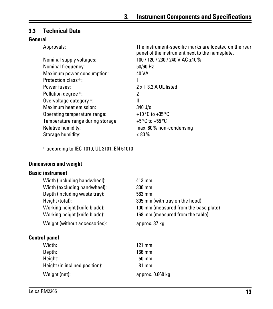 3 technische daten, Technical data, Instrument components and specifications | 3 technical data | Leica Biosystems RM2265 User Manual | Page 15 / 88