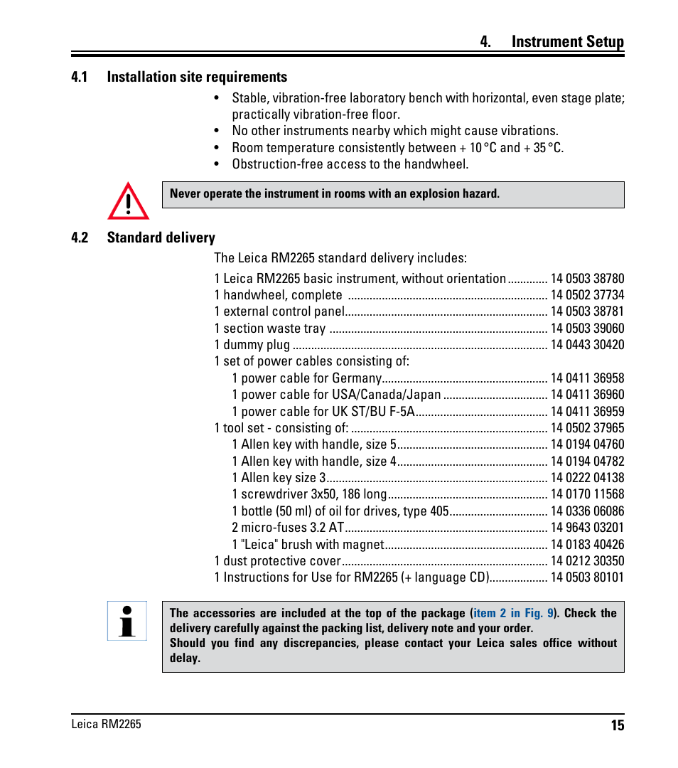 Inbetriebnahme, 1 standortbedingungen, 2 lieferumfang | Instrument setup 4.1, Installation site requirements, Standard delivery, Instrument setup | Leica Biosystems RM2265 User Manual | Page 17 / 88