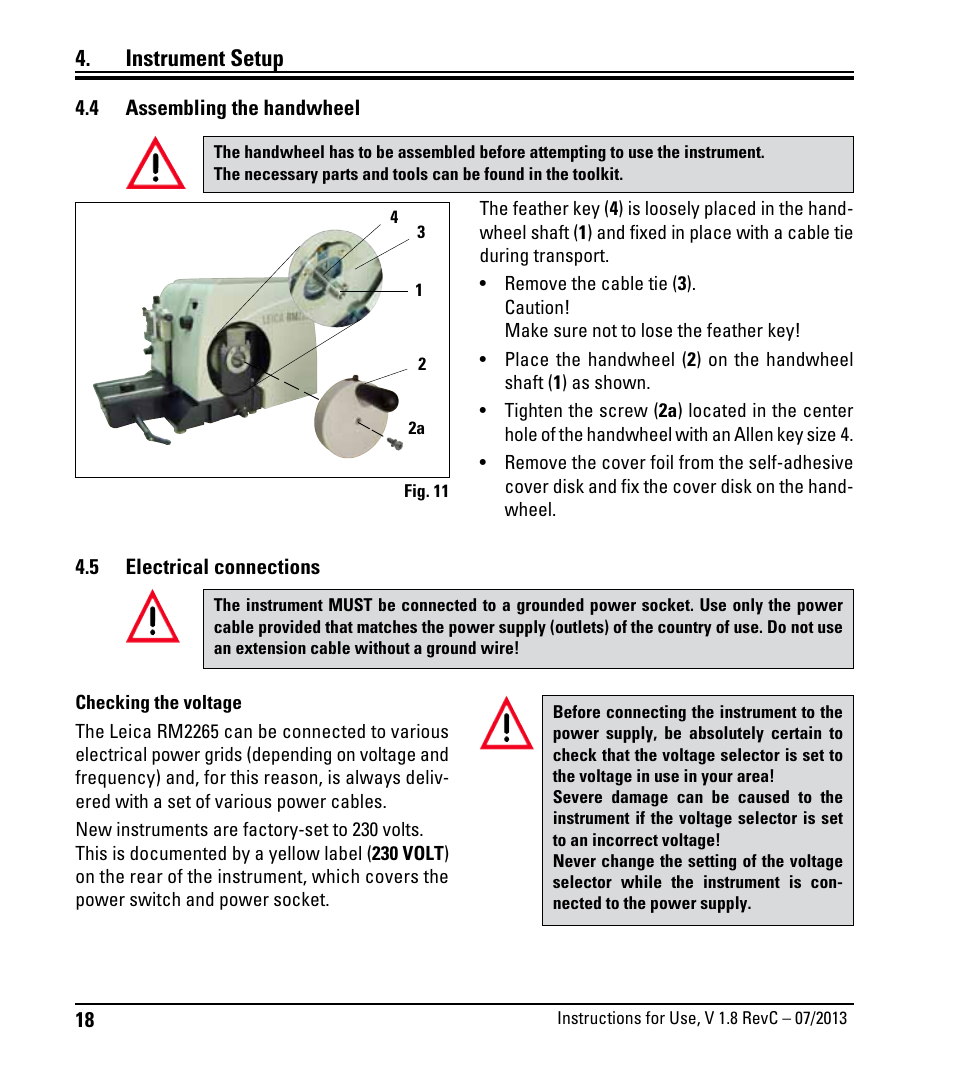 4 montage des handrades, 5 elektrische anschlüsse, Assembling the hand wheel | Electrical connections, Instrument setup | Leica Biosystems RM2265 User Manual | Page 20 / 88