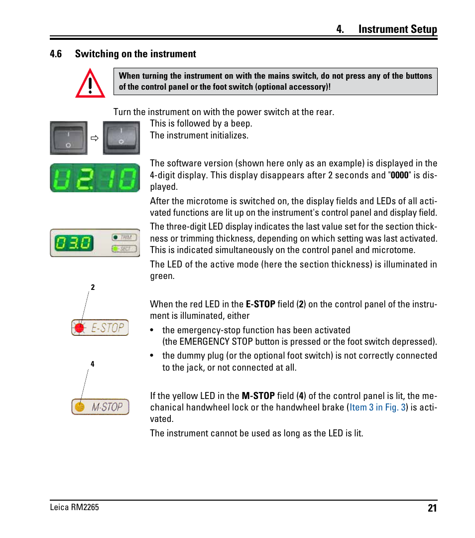 6 einschalten des gerätes, Switching on the instrument, Instrument setup | Leica Biosystems RM2265 User Manual | Page 23 / 88