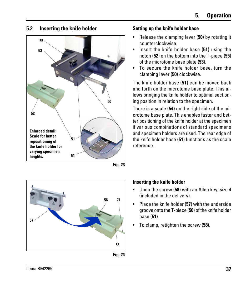 2 einsetzen des messerhalters, Inserting the knife holder, Operation | Leica Biosystems RM2265 User Manual | Page 39 / 88