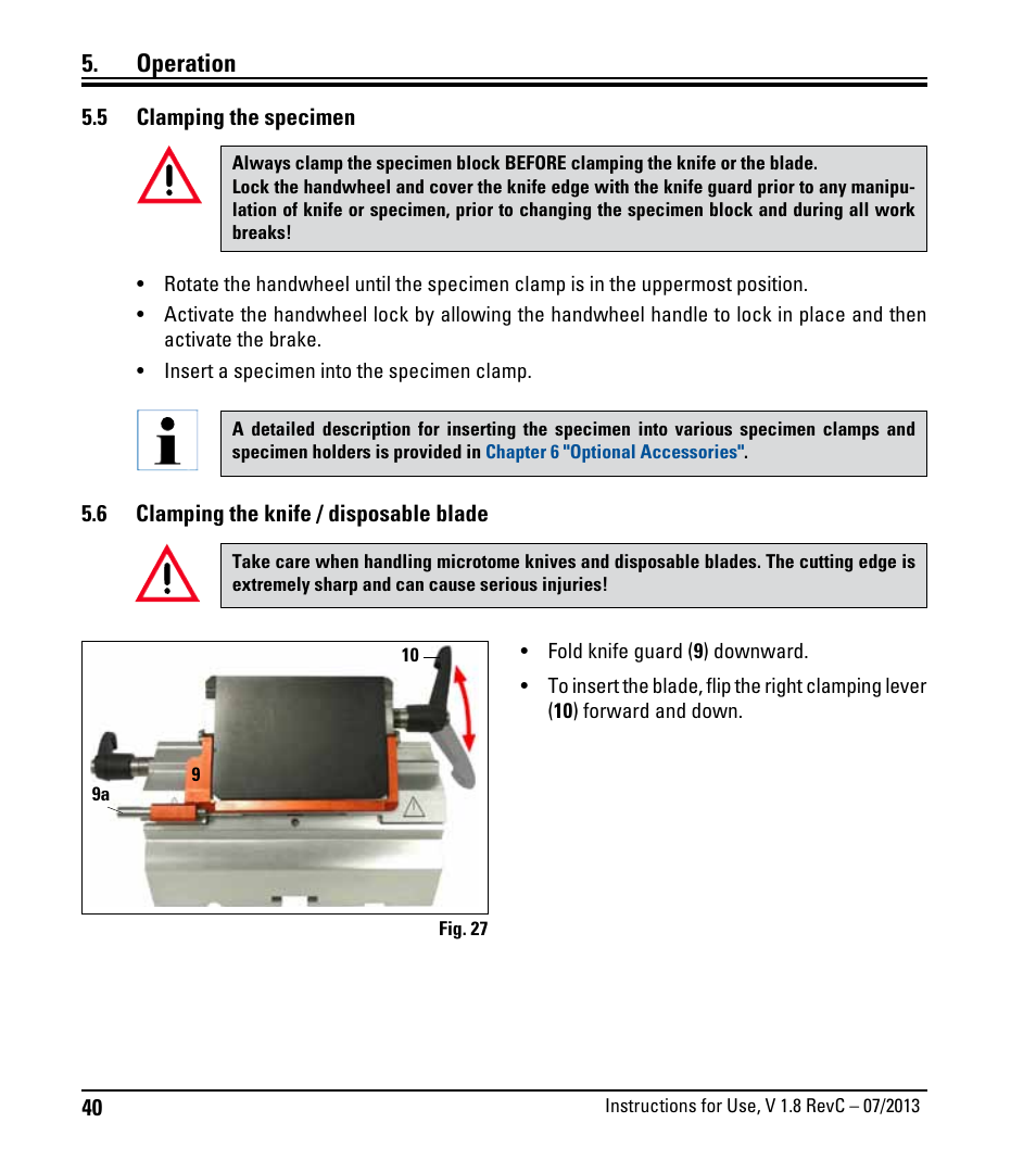 5 einspannen der probe, 6 einspannen des messers/der einwegklinge, Clamping the specimen | Clamping the knife/disposable blade, Operation | Leica Biosystems RM2265 User Manual | Page 42 / 88