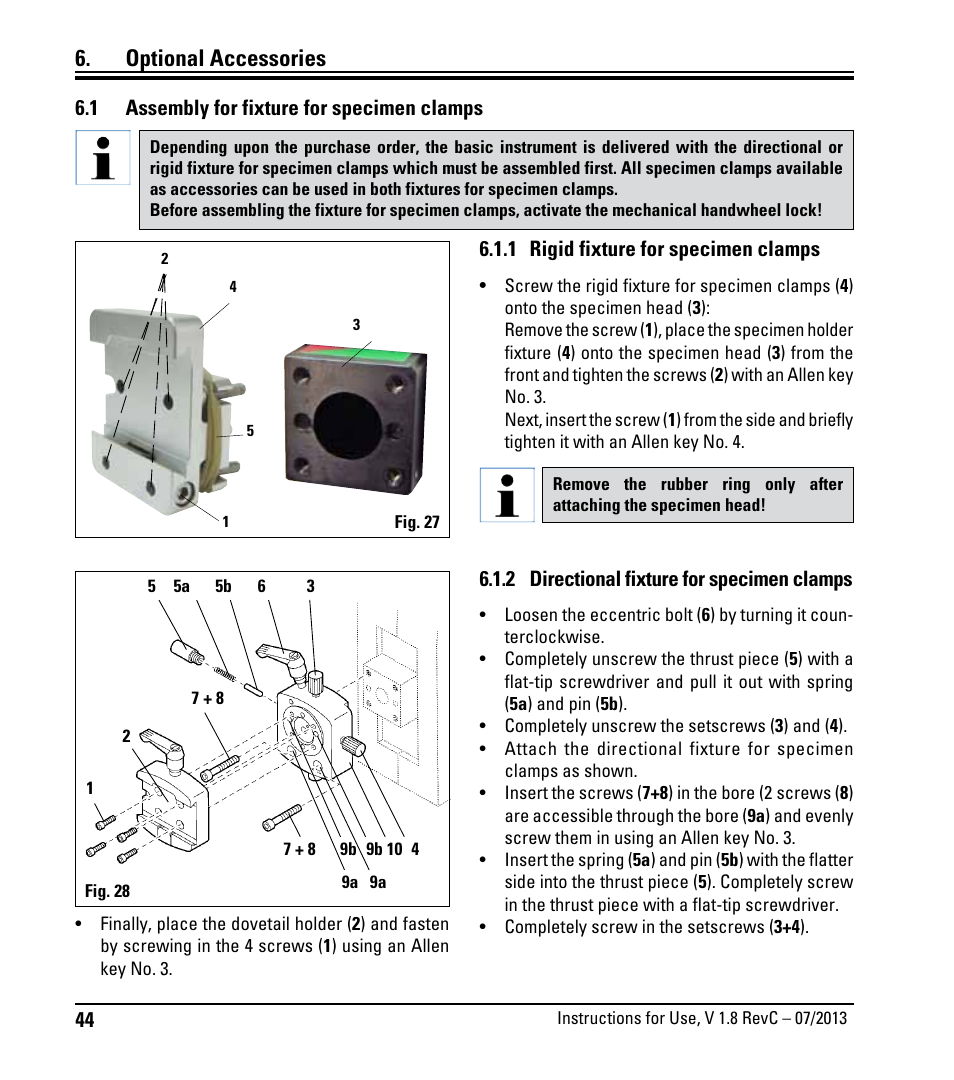 Optionales zubehör, 1 montage der probenhalteraufnahme, 1 starre probenhalteraufnahme | 2 orientierbare probenhalteraufnahme, Optional accessories, Assembly for specimen holder fixture, 1 rigid fixture for specimen clamps, 2 directional fixture for specimen clamps | Leica Biosystems RM2265 User Manual | Page 46 / 88