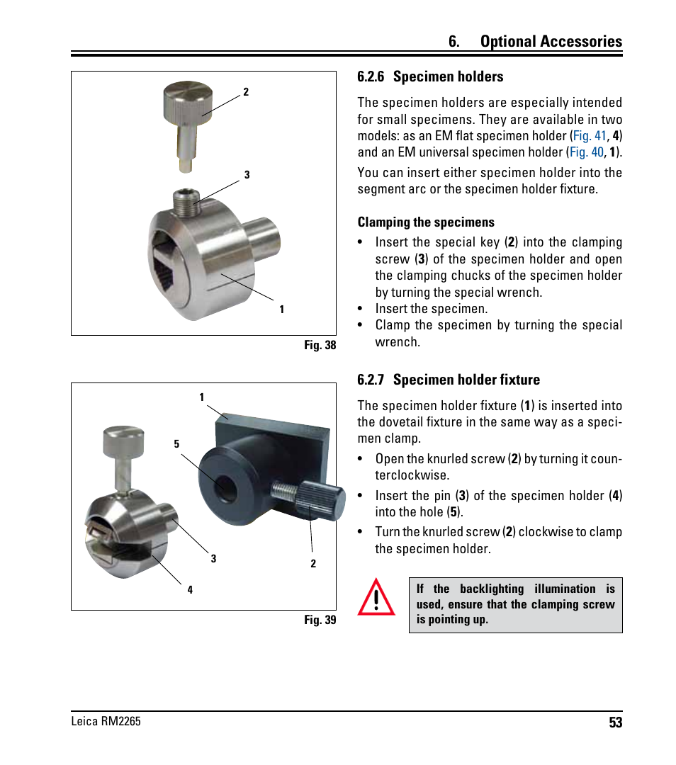 6 präparathalter, 7 präparathalteraufnahme, 6 specimen holders | 7 specimen holder fixture, Optional accessories | Leica Biosystems RM2265 User Manual | Page 55 / 88