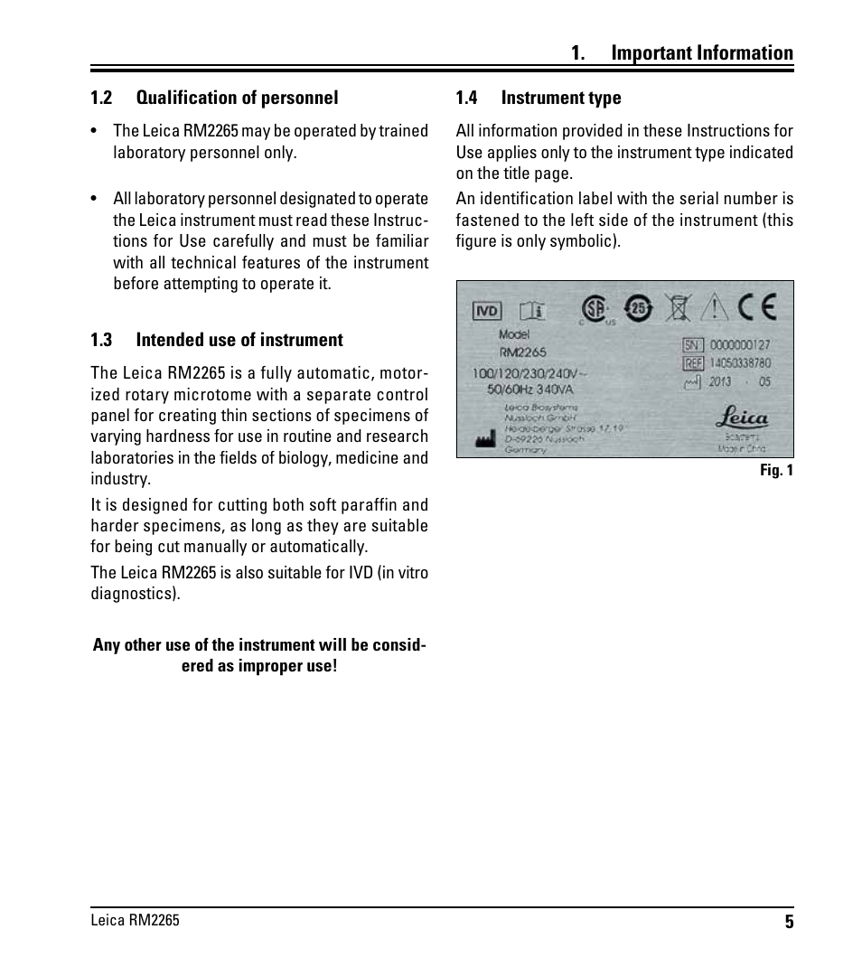 2 benutzergruppe, 3 bestimmungsgemäße verwendung, 4 gerätetyp | Qualification of personnel, Intended use of instrument, Instrument type, Important information | Leica Biosystems RM2265 User Manual | Page 7 / 88