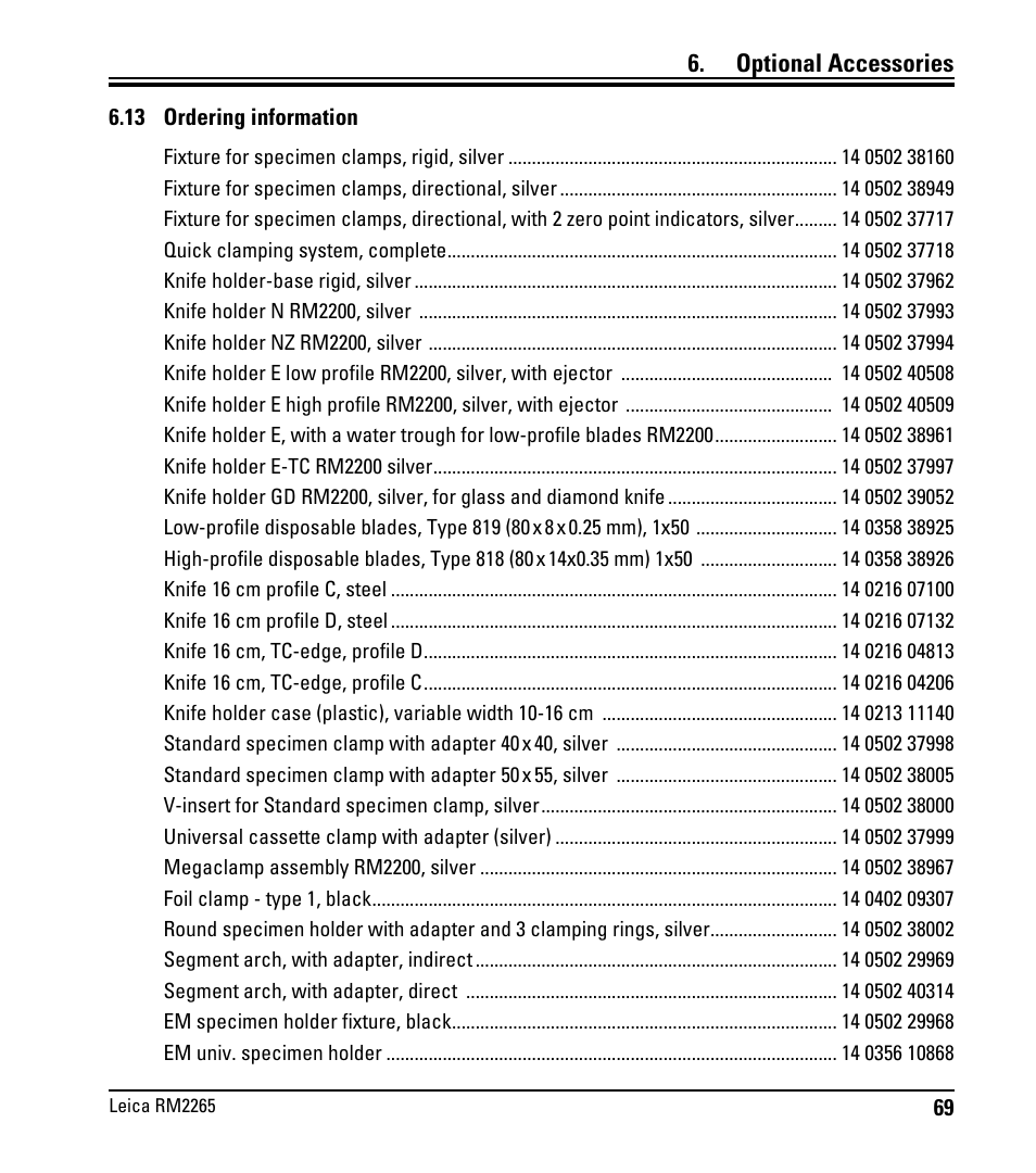 13 bestellinformationen, 13 ordering information, Optional accessories | Leica Biosystems RM2265 User Manual | Page 71 / 88