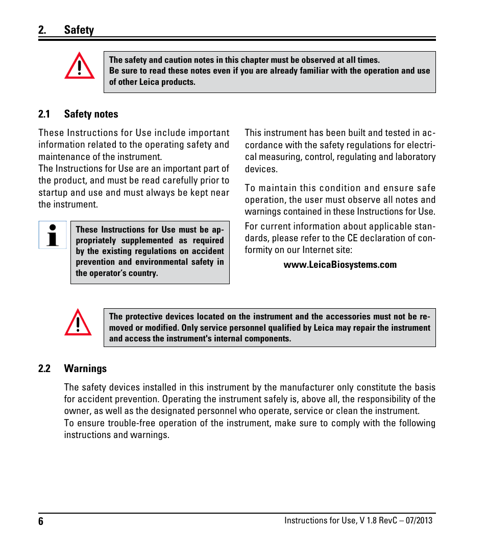 Sicherheit, 1 sicherheitshinweise, 2 gefahrenhinweise | Safety, Safety notes, 2 warnings | Leica Biosystems RM2265 User Manual | Page 8 / 88