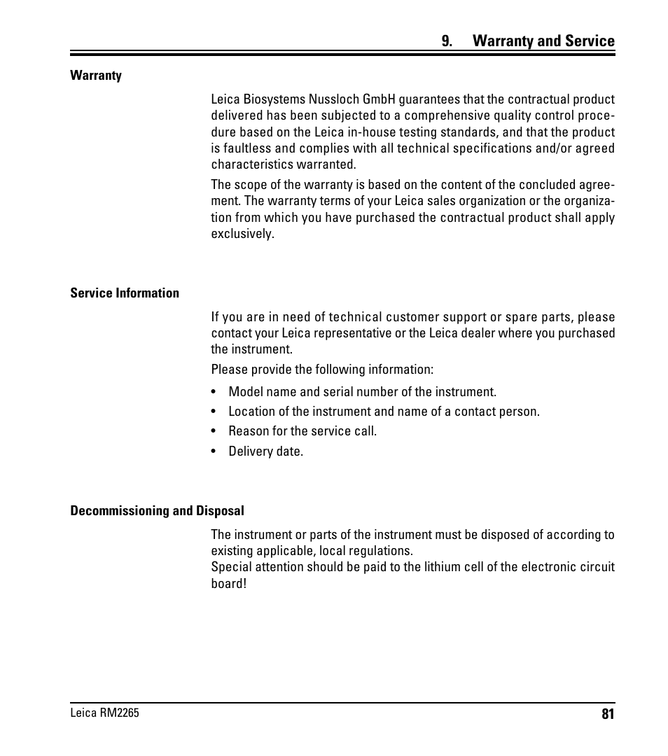 Gewährleistung und service, Warranty and service | Leica Biosystems RM2265 User Manual | Page 83 / 88