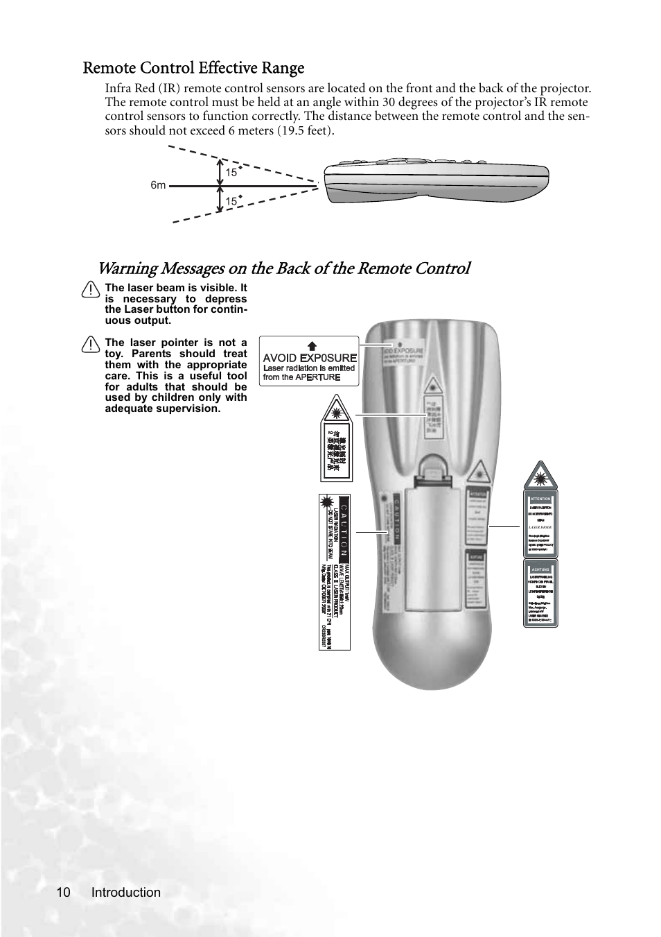 Warning messages on the back of the remote control, Remote control effective range, Introduction 10 | BenQ PB8250 User Manual | Page 16 / 53