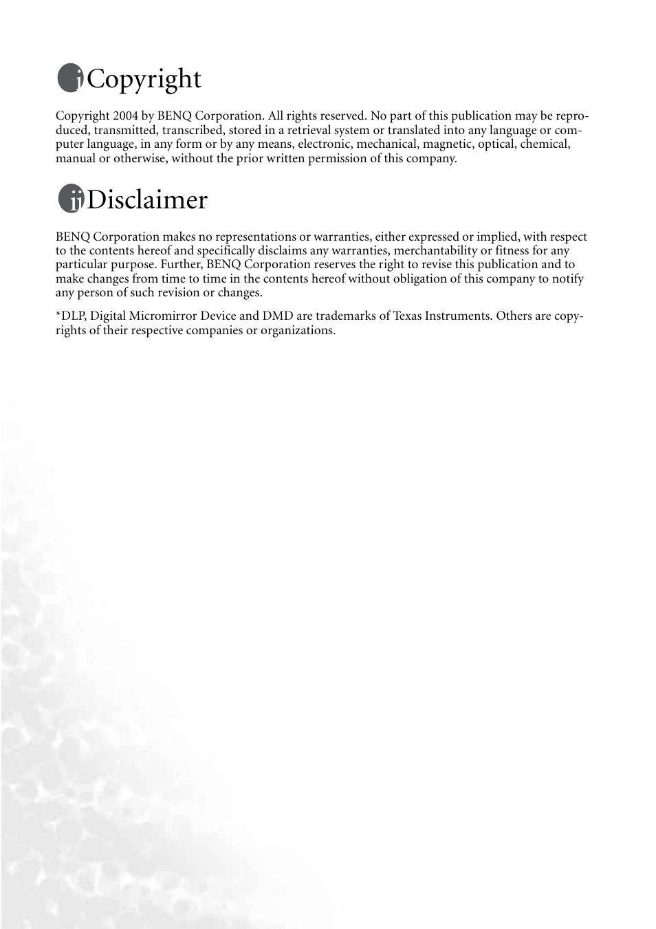 Copyright, Disclaimer | BenQ PB8250 User Manual | Page 2 / 53