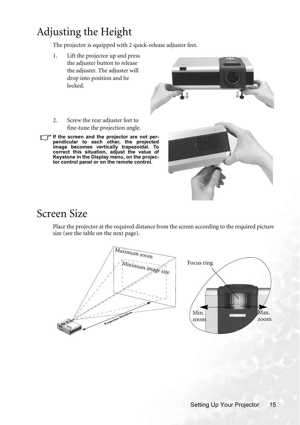 Adjusting the height, Screen size | BenQ PB8250 User Manual | Page 21 / 53