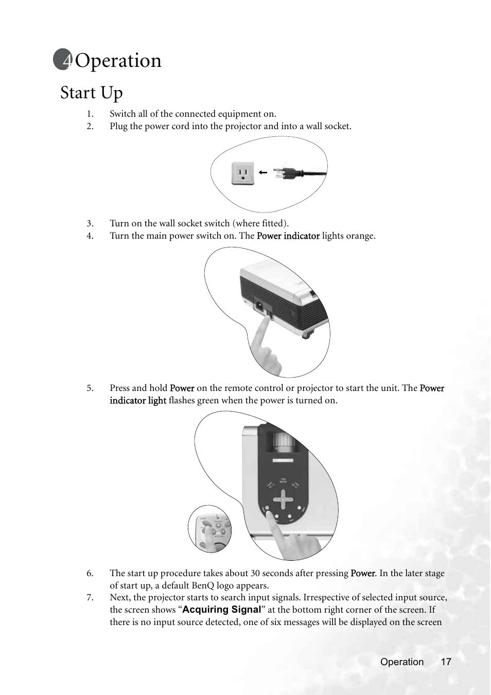 Operation, Start up | BenQ PB8250 User Manual | Page 23 / 53