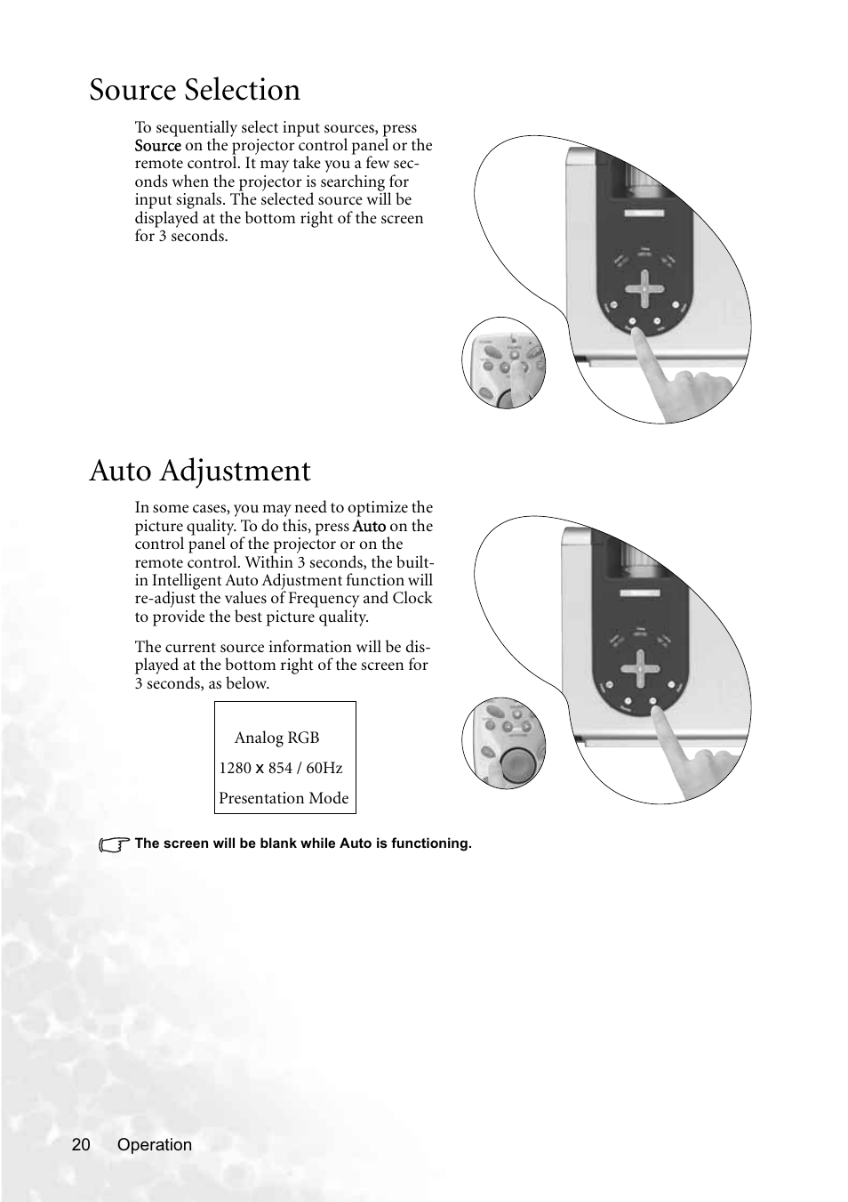 Source selection, Auto adjustment | BenQ PB8250 User Manual | Page 26 / 53