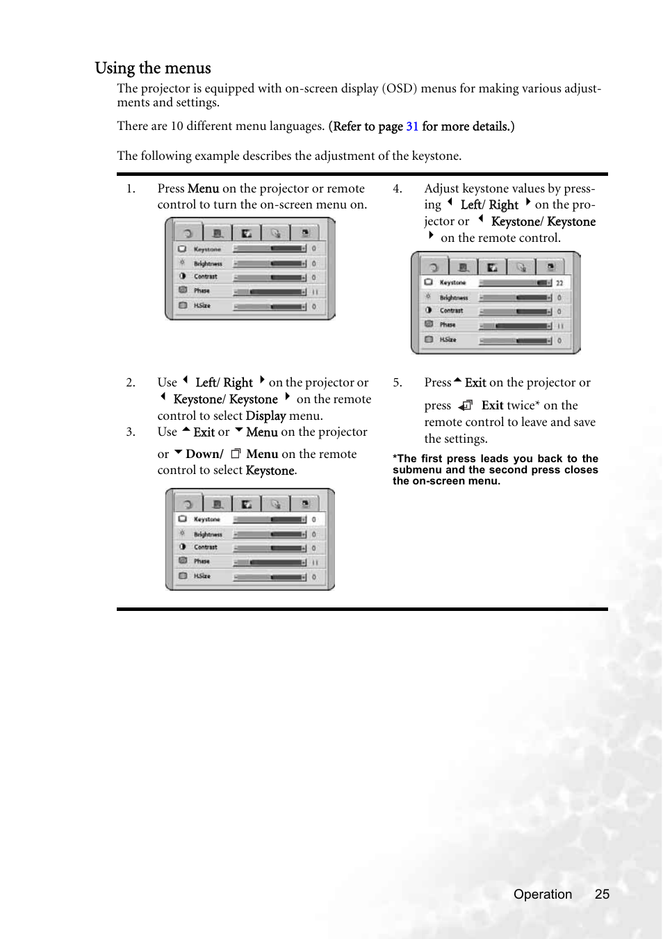 Using the menus | BenQ PB8250 User Manual | Page 31 / 53