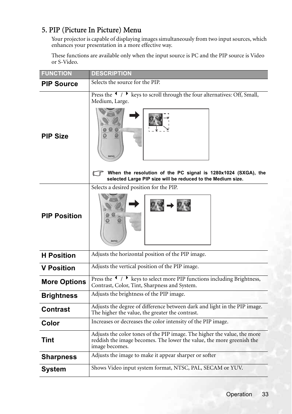 Pip (picture in picture) menu | BenQ PB8250 User Manual | Page 39 / 53