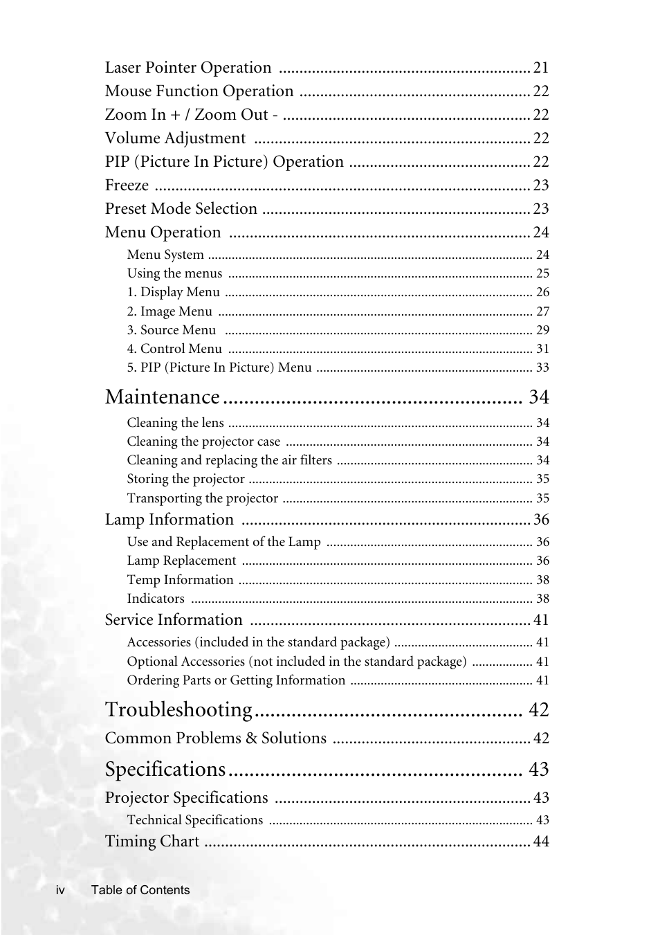 Maintenance, Troubleshooting, Specifications | BenQ PB8250 User Manual | Page 4 / 53