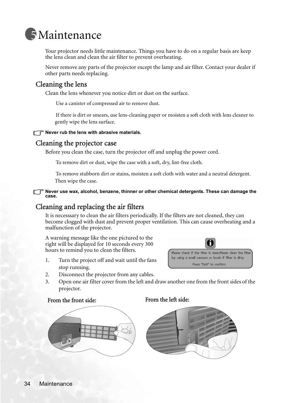 Maintenance, Cleaning the lens, Cleaning the projector case | Cleaning and replacing the air filters | BenQ PB8250 User Manual | Page 40 / 53