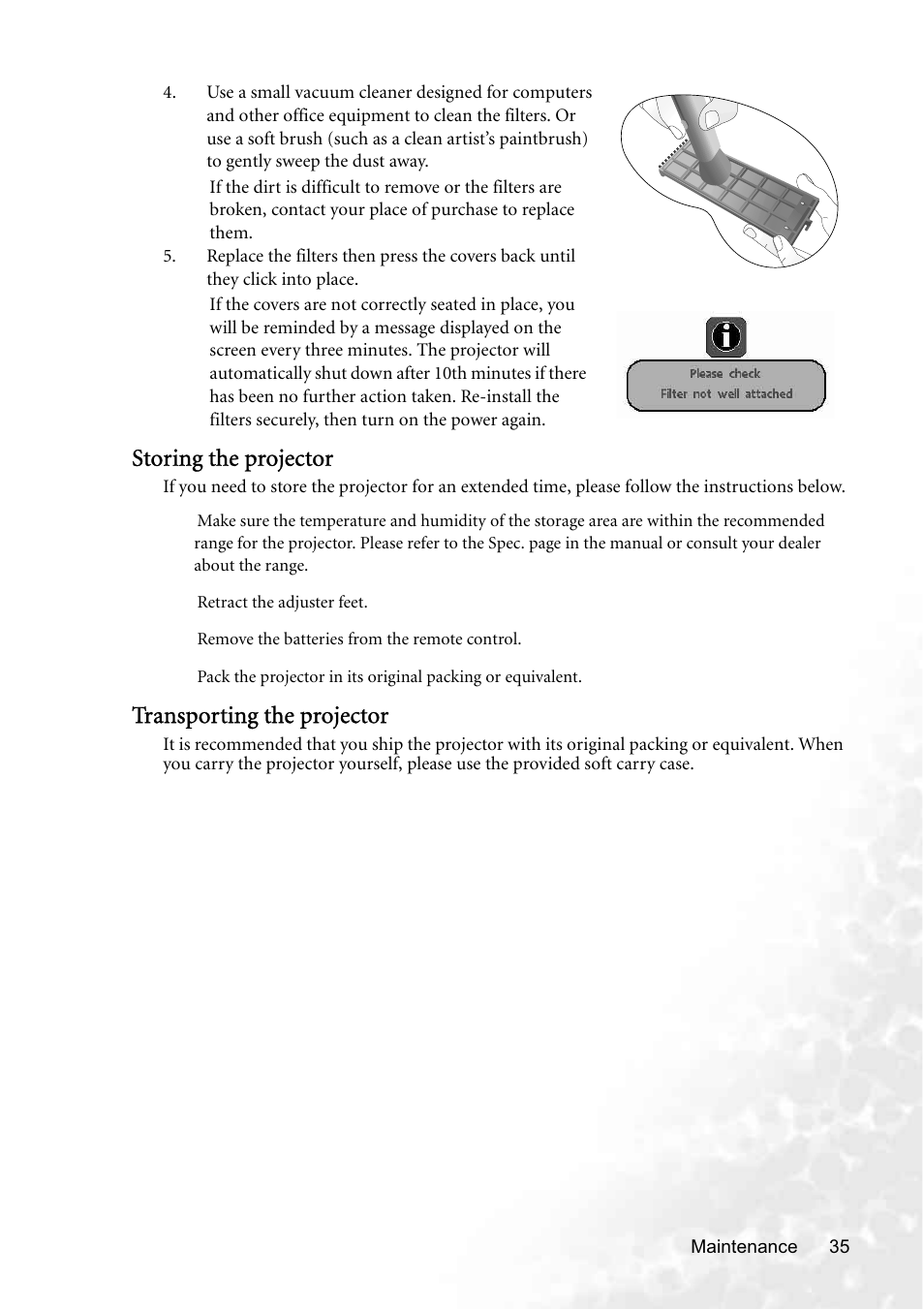 Storing the projector, Transporting the projector | BenQ PB8250 User Manual | Page 41 / 53