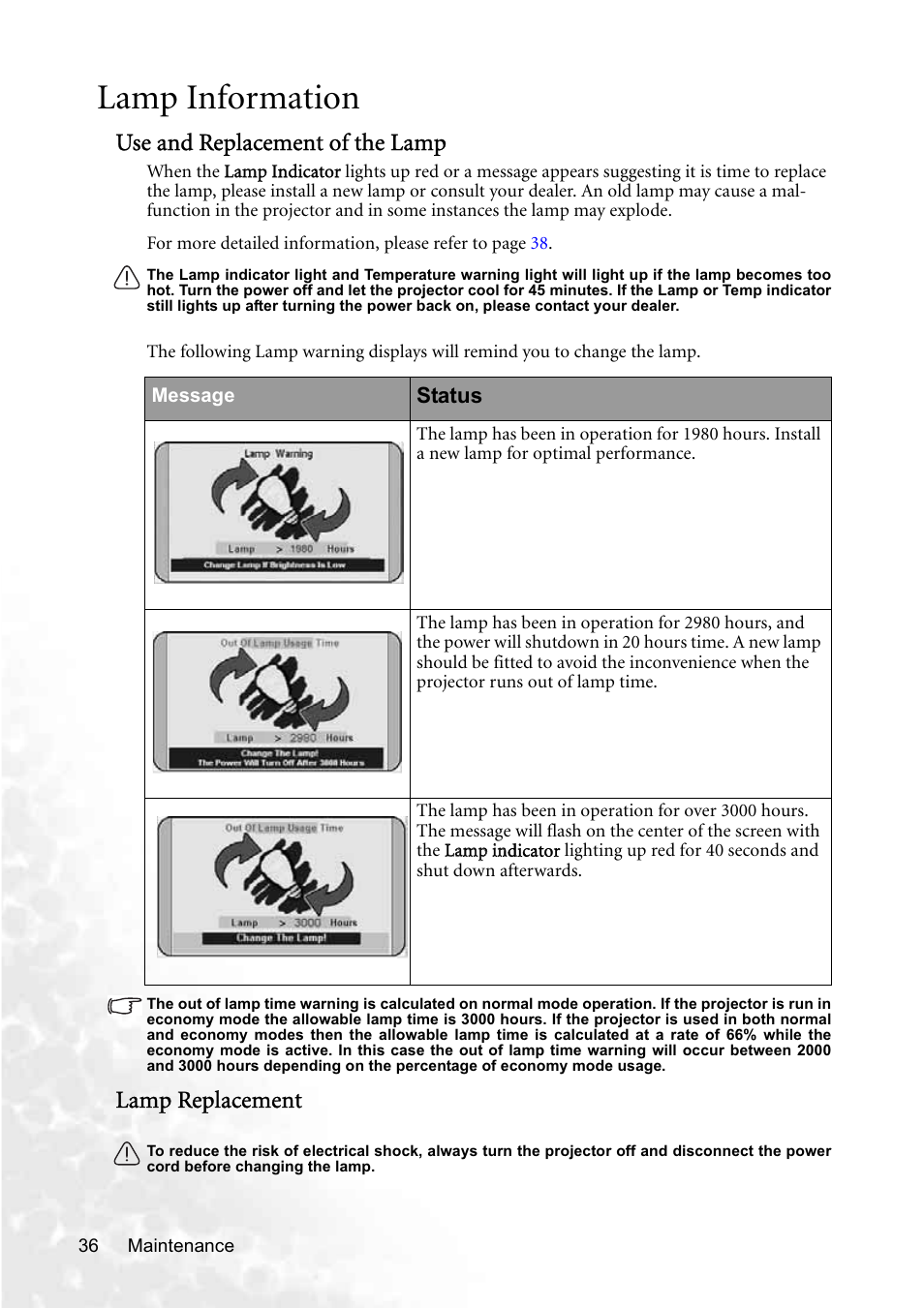 Lamp information, Use and replacement of the lamp, Lamp replacement | BenQ PB8250 User Manual | Page 42 / 53