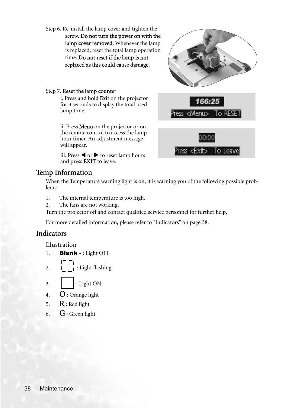 Temp information, Indicators | BenQ PB8250 User Manual | Page 44 / 53