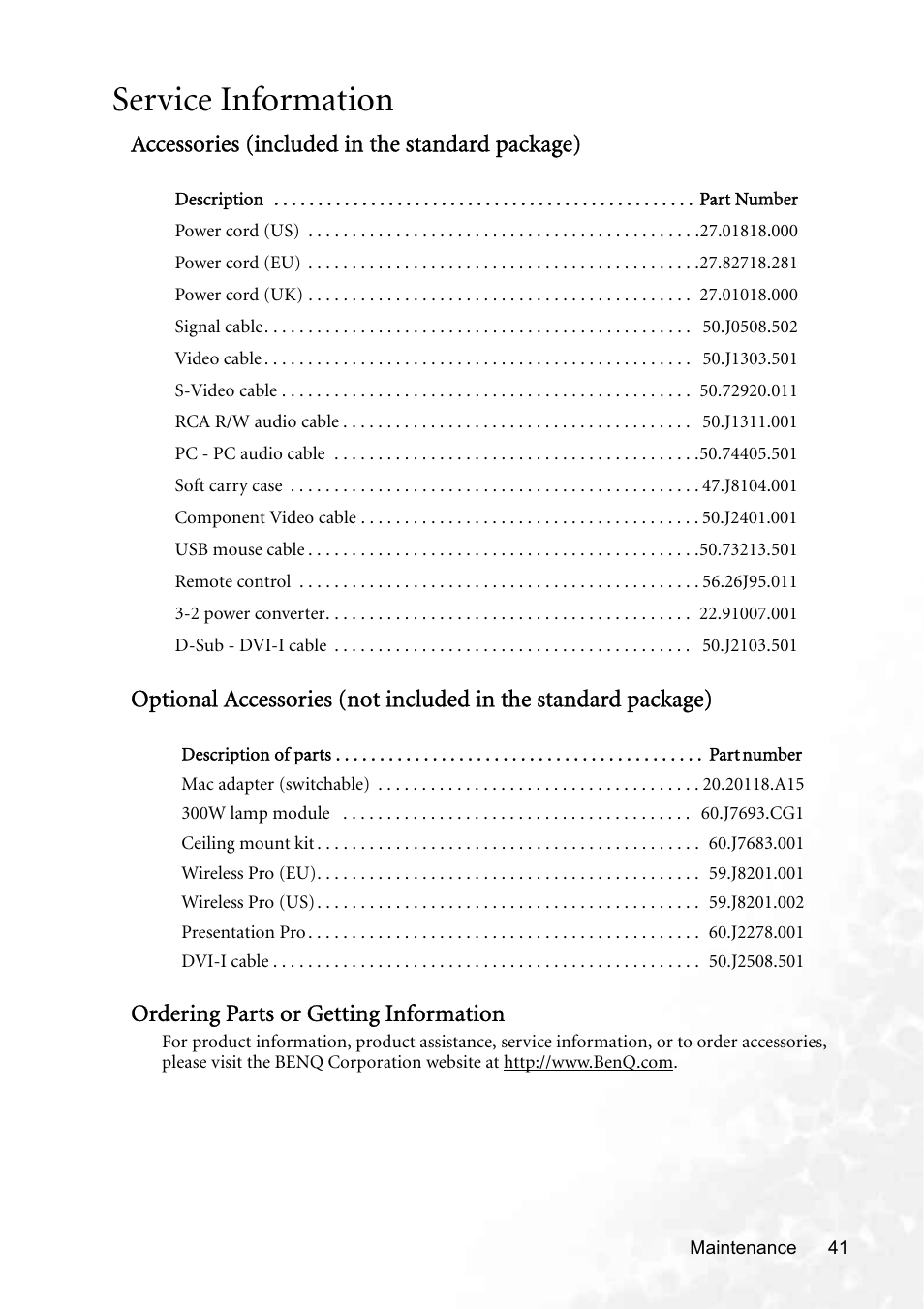 Service information | BenQ PB8250 User Manual | Page 47 / 53