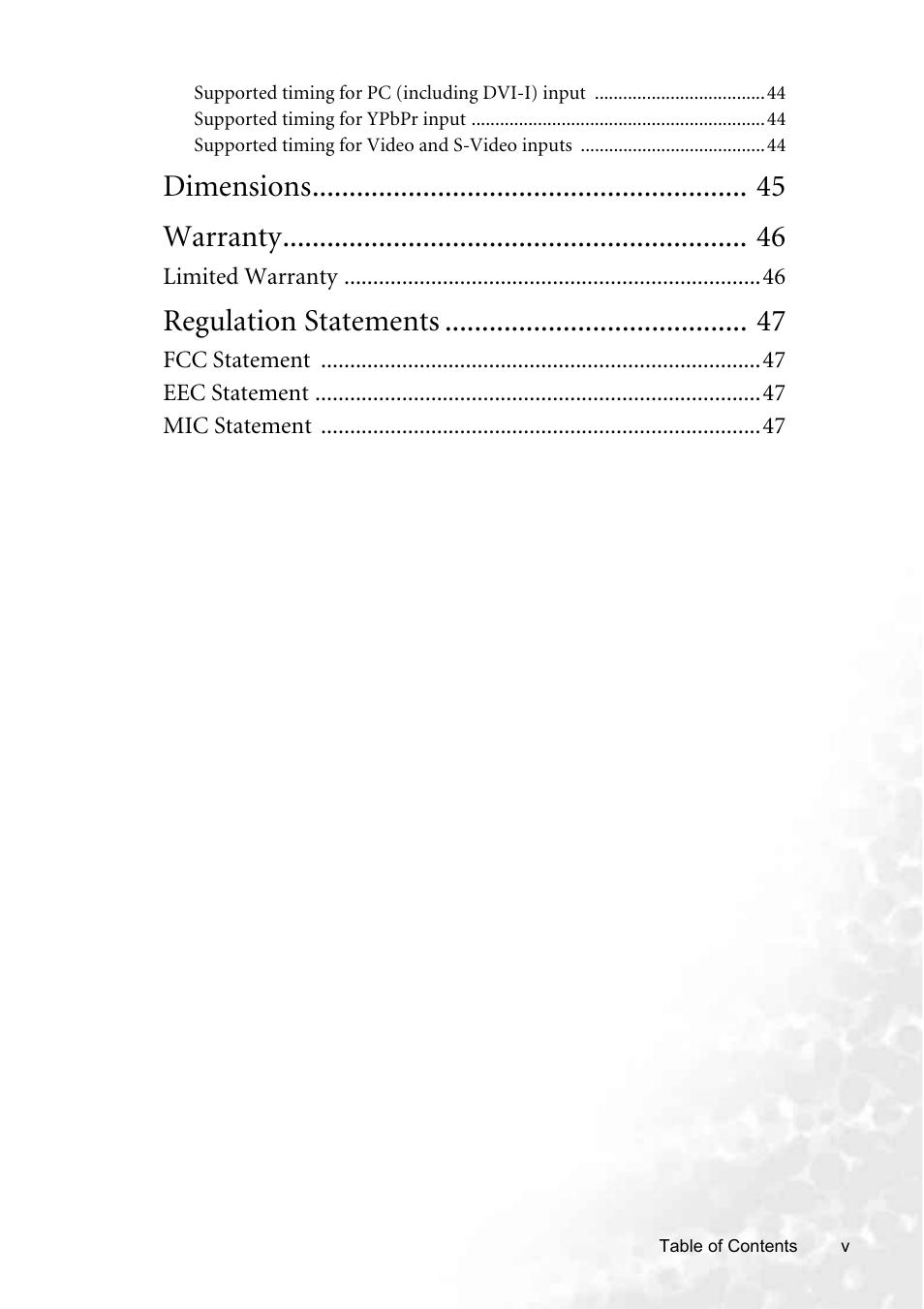 Dimensions warranty, Regulation statements | BenQ PB8250 User Manual | Page 5 / 53