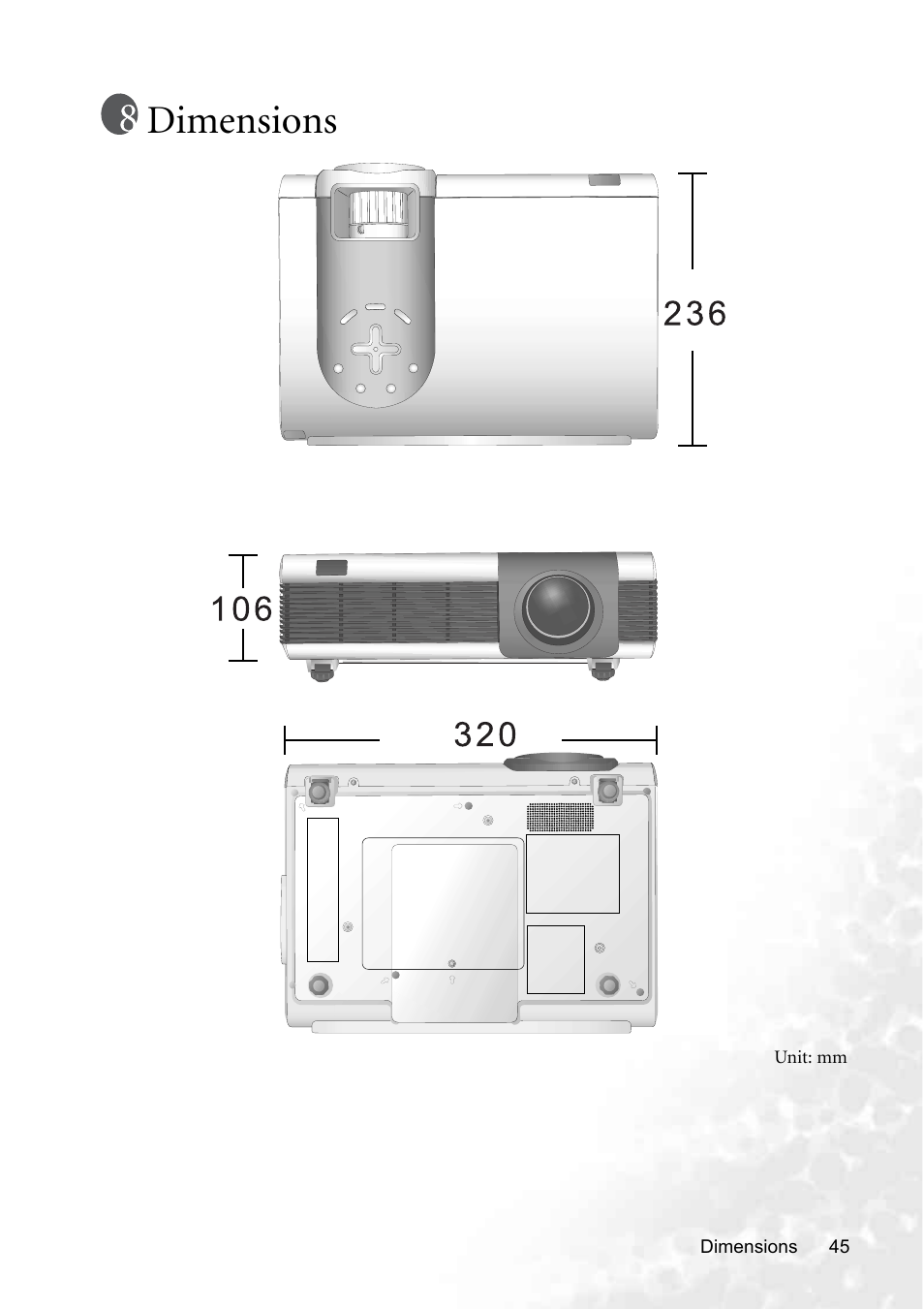 Dimensions | BenQ PB8250 User Manual | Page 51 / 53