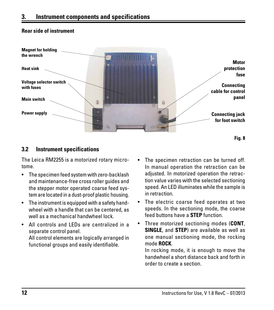 2 instrument specifications, Instrument specifications, Instrument components and specifications | Leica Biosystems RM2255 User Manual | Page 14 / 82