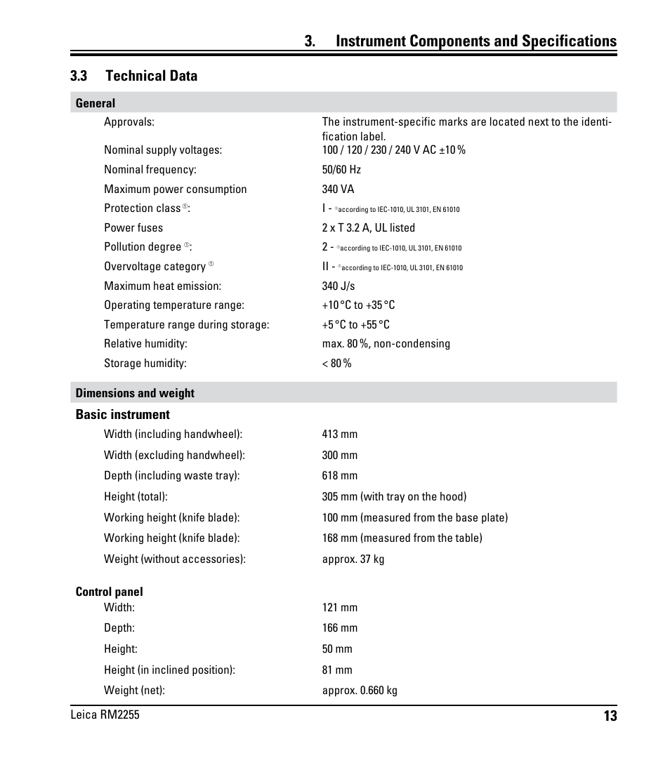 3 technical data, Technical data, Instrument components and specifications | Basic instrument | Leica Biosystems RM2255 User Manual | Page 15 / 82
