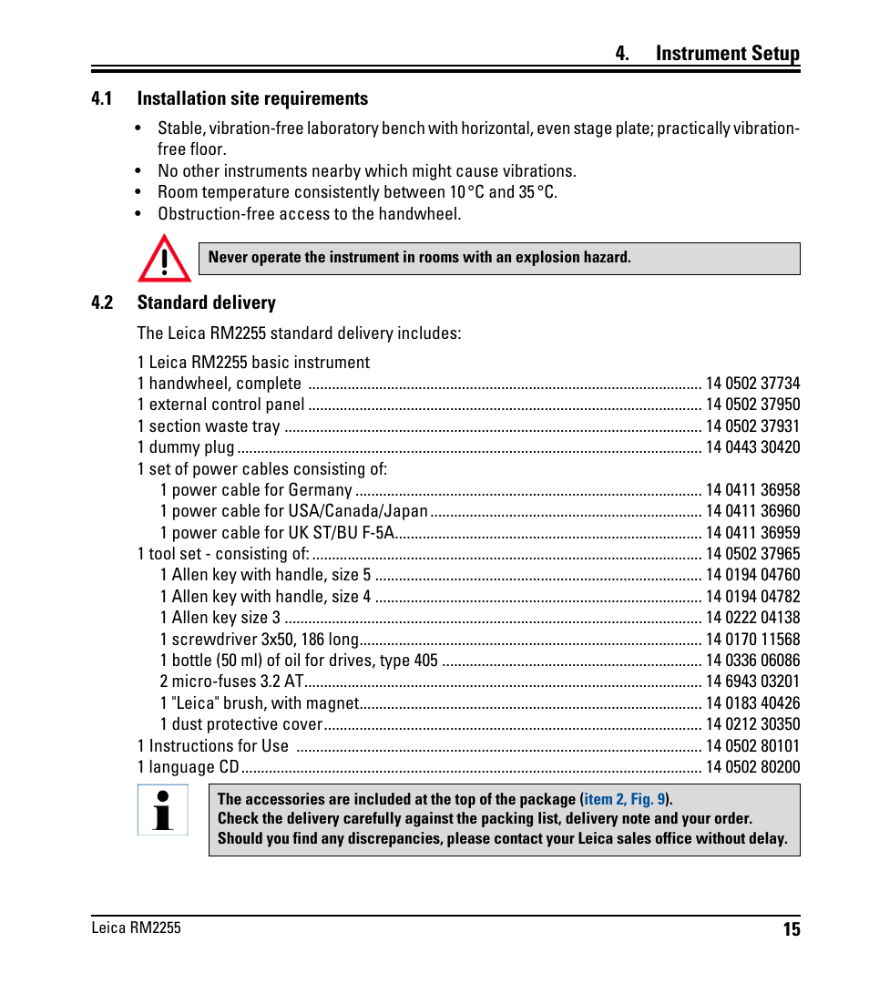 Instrument setup, 1 installation site requirements, 2 standard delivery | Installation site requirements, Standard delivery | Leica Biosystems RM2255 User Manual | Page 17 / 82