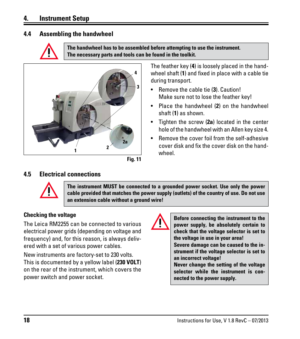 4 assembling the handwheel, 5 electrical connections, Assembling the handwheel | Electrical connections, Instrument setup | Leica Biosystems RM2255 User Manual | Page 20 / 82