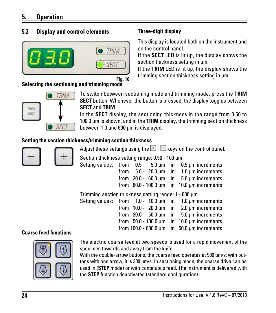 3 display and control elements, Display and control elements, Operation | Leica Biosystems RM2255 User Manual | Page 26 / 82