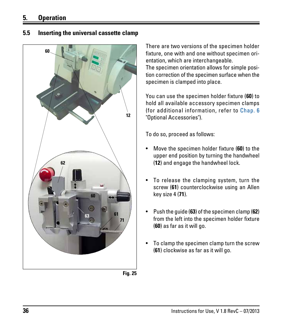 5 inserting the universal cassette clamp, Inserting the universal cassette clamp, Operation | Leica Biosystems RM2255 User Manual | Page 38 / 82