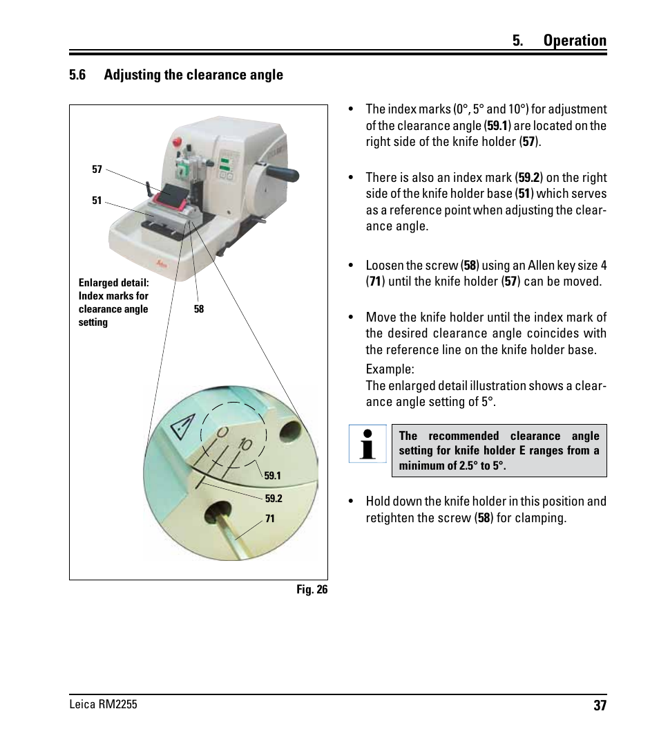6 adjusting the clearance angle, Adjusting the clearance angle, Operation | Leica Biosystems RM2255 User Manual | Page 39 / 82